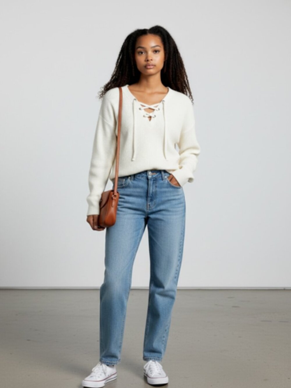 No Boundaries V-back Long Sleeve Light Knit Sweater-Size L-Lace Up Front-White